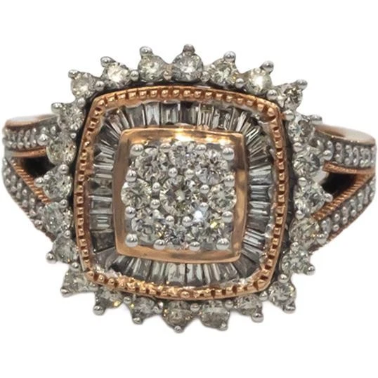 Anillo con racimo de diamantes de corte redondo y baguette de 1,0 quilates de oro rosa de 10 k talla 7