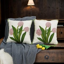 Spring Throw Pillow Cover 18" x 18" 2 Pack, Embroidered Decorative Pink Tulip...