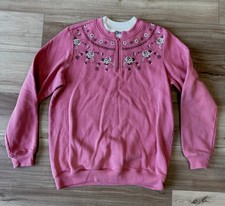 Vintage 90s Pink Floral Embroidered Quarter ZIp Sweatshirt Size Large Blair