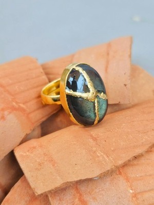 Labradorit Kintsugi Ring, handgefertigter Blattgold Schmuck Geschenk zum...