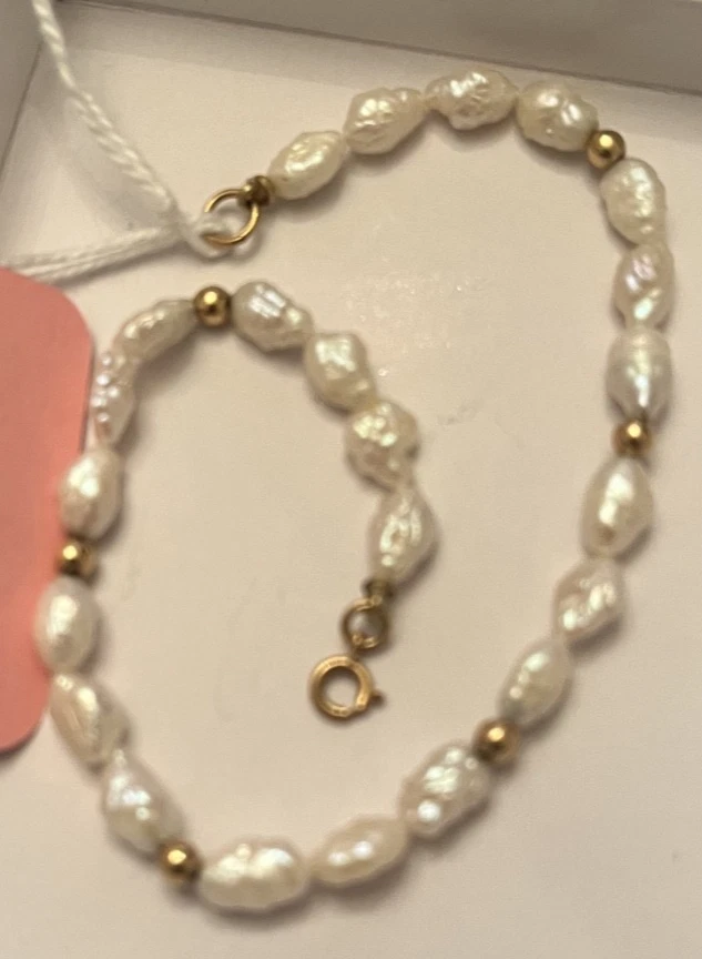 Brazalete de perlas con broche y cuentas de oro amarillo de 14k 7" joyería fina vintage Foto 2 de 4