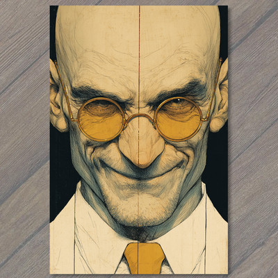 Art Print Bald Man Portrait Round Glasses Yellow Lenses Intense Expression