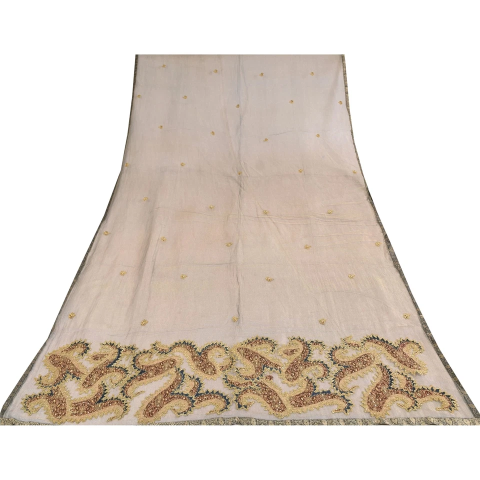 Sanskriti Vintage Gray Dupatta Long Stole Net Hand Beaded Zardozi Wrap Scarves   - Image 4 of 4