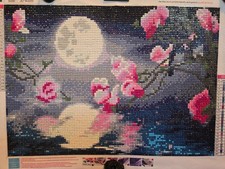 40x30cm Completed Diamond art Full Moon over Water with Reflection and Pink Flow