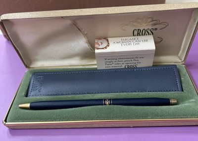 VTG Cross Women  Blue and Gold Trim Ballpoint Pen & Pouch Made In Usa With Box
