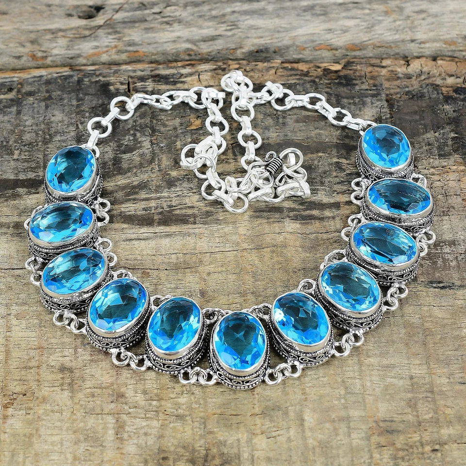 Incredibile Collana Bracciale Set In Argento Sterling 925 Con Gemma Topazio Blu - Immagine 2 di 4