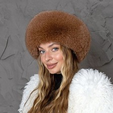 Stylish Winter Fur Hat, Dark Beige Fox Fur Hat, Real Leather Pill Box Hat