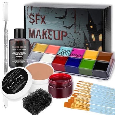 SFX Makeup Kit with Scar Wax Fake Blood 10 Brushes Spatula Stipple Sponge