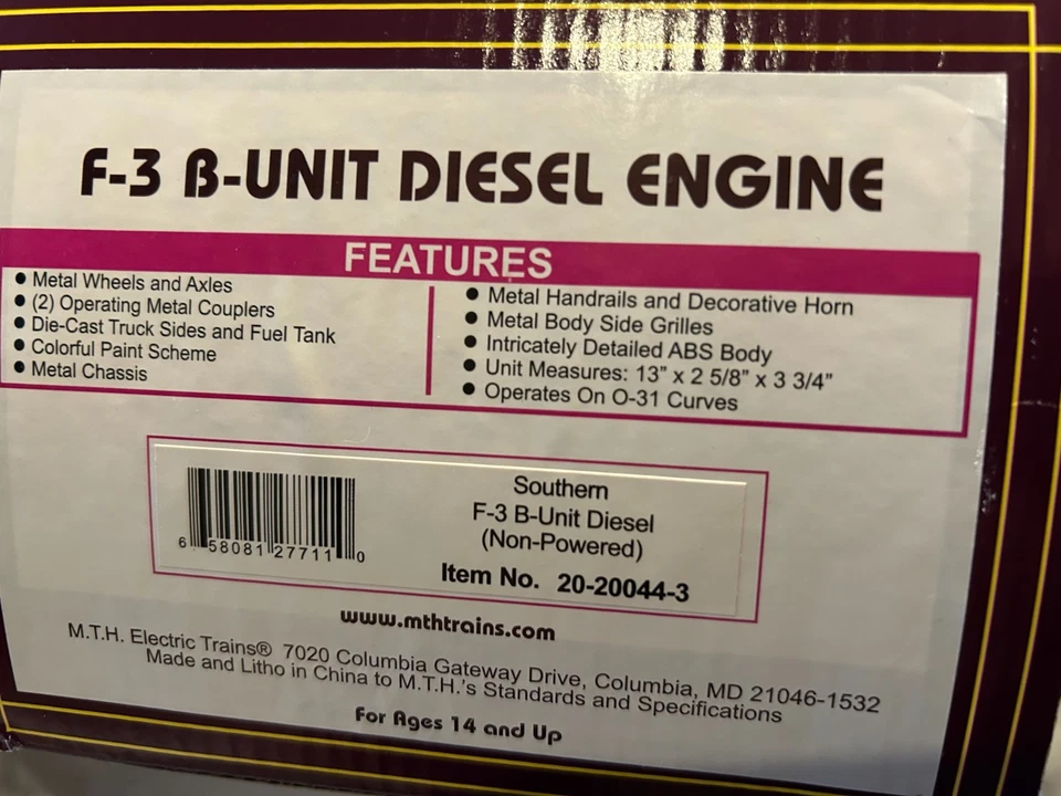 MTH 20-20044-3 Southern F-3B Nonpowered Engine - Image 4 of 4