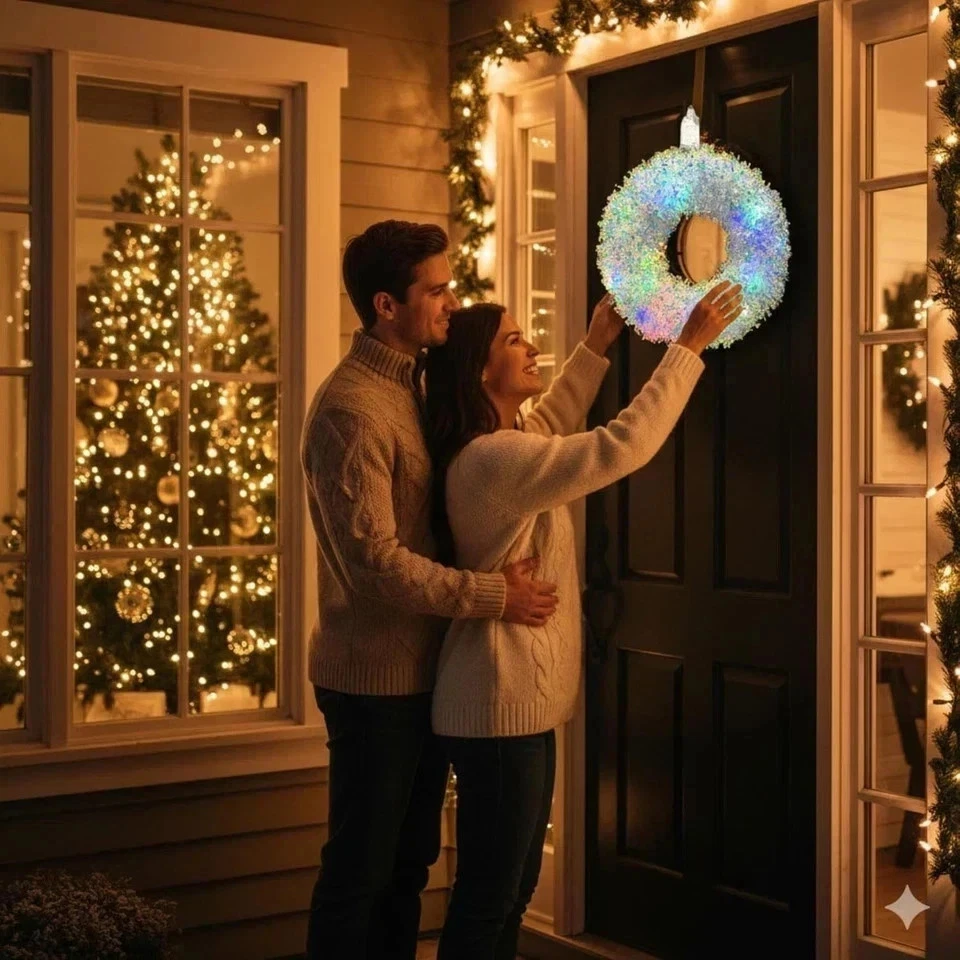 Iridescent46cm LED Light Up Christmas Wreath Crystal Effect Door Wall Decoration - Image 4 of 4