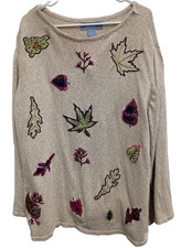 VTG 90s Liz&Me Sweater Womens Sz 2X Beige Leaf Embroidered Cottagecore Grandma