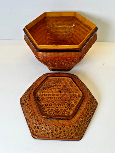 Vintage Chinese Herb Basket Finely Woven Hexagon with Lid 7x7 - Picture 4 of 8