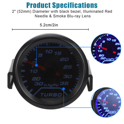 2" 52mm LED Turbo Boost Pressure Gauge – PSI & Vacuum, Needle Pointer With Smoke Lens