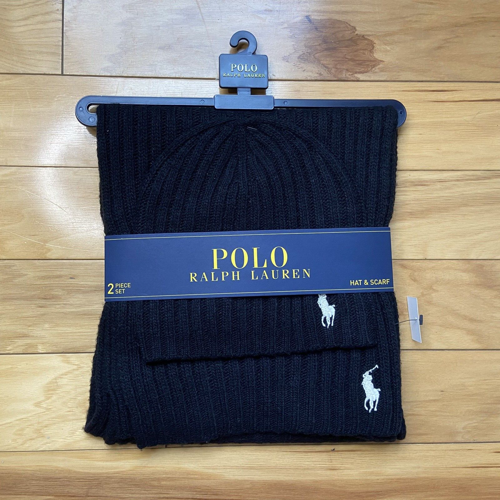 PONY Polo Ralph Lauren cappello e sciarpa uomo misto lana nero set 2 pezzi