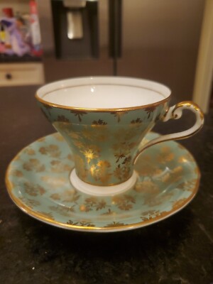 C2457 Rare Vintage Aynsley Corset Gold Leaf Turquoise Blue Teacup & Saucer