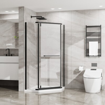 Goodyo 36x36x72 Neo-Angle Frameless Shower Door, Clear Tempered Glass, Matte Blk