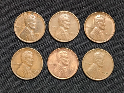 1934, 1934-D, 1935,  1935-D, 1936, 1936-S Wheat Cent VF-AU (6 Coins) Lot#23C33