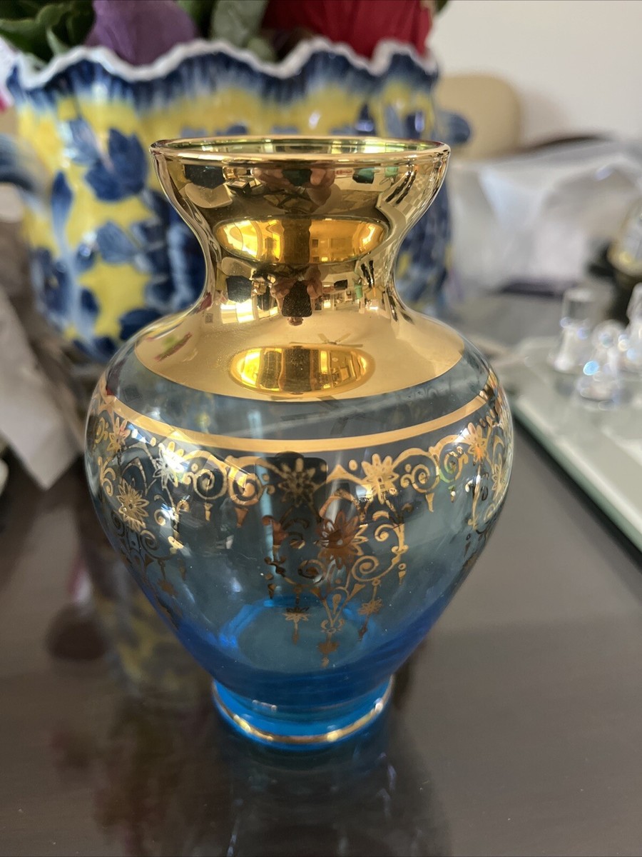 Vintage Vecchia Murano Art Glass Vase Blue 24k Gold Chandelier