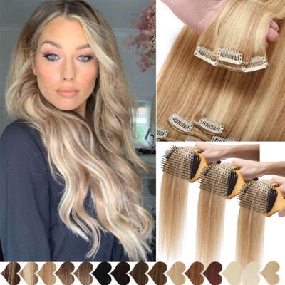 US CLEARANCE Clip In Real Remy Human Hair Extensions Full Head 8 Pieces Balayage