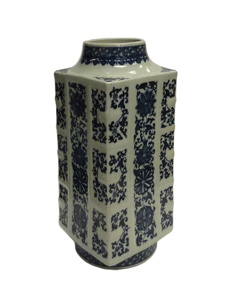 Jarrón chino con forma de columna de porcelana azul y blanco cs1071 Foto 3 de 4