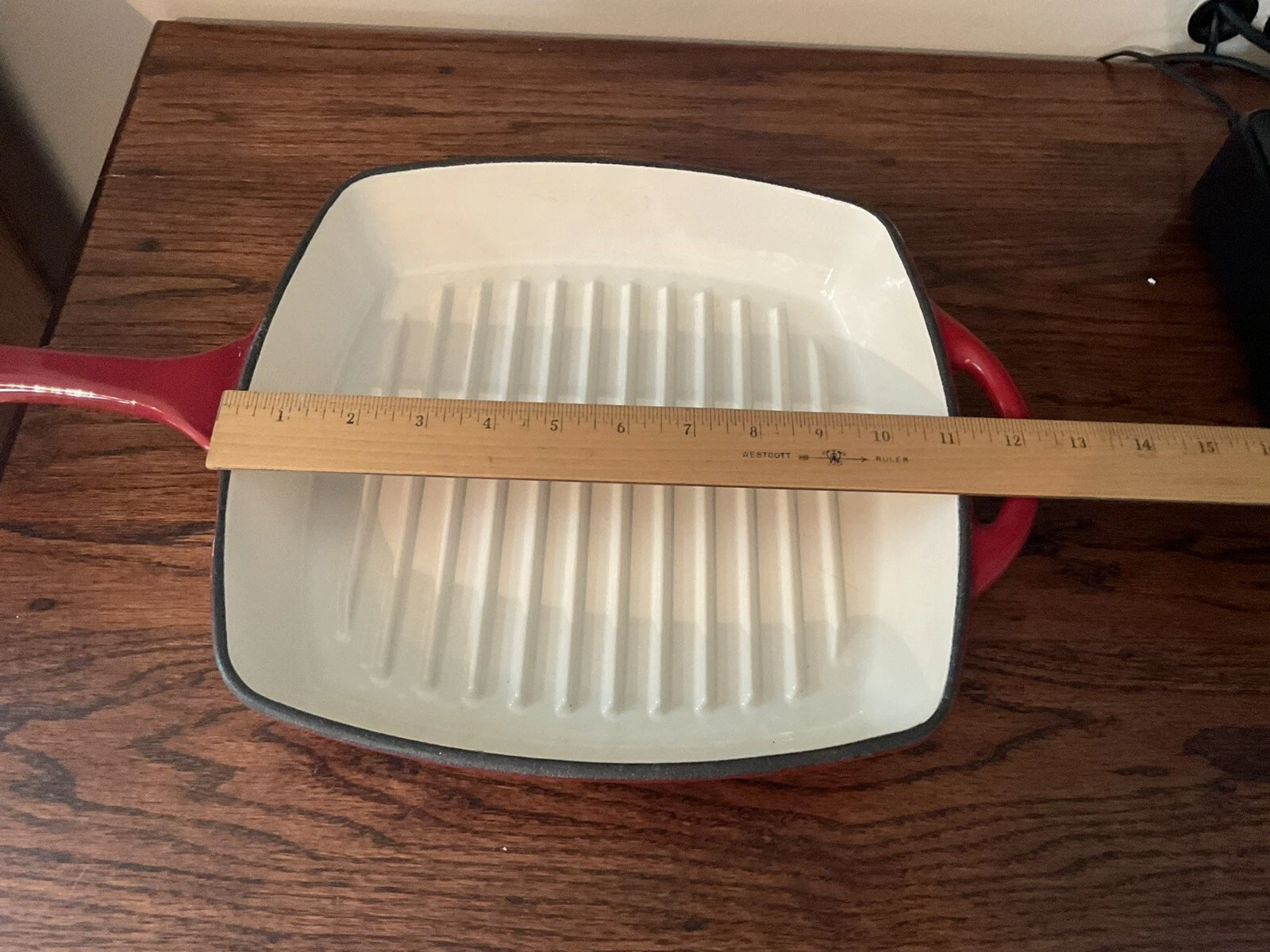 COOK'S ESSENTIALS 11" SQUARE CAST IRON GRILL PAN NEW 2 RED white Enamel Center