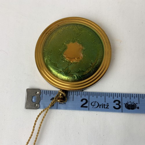 Vintage Zell Fifth Avenue Makeup Mirror Compact Green Gold Tone Original Tassel - Picture 10 of 12