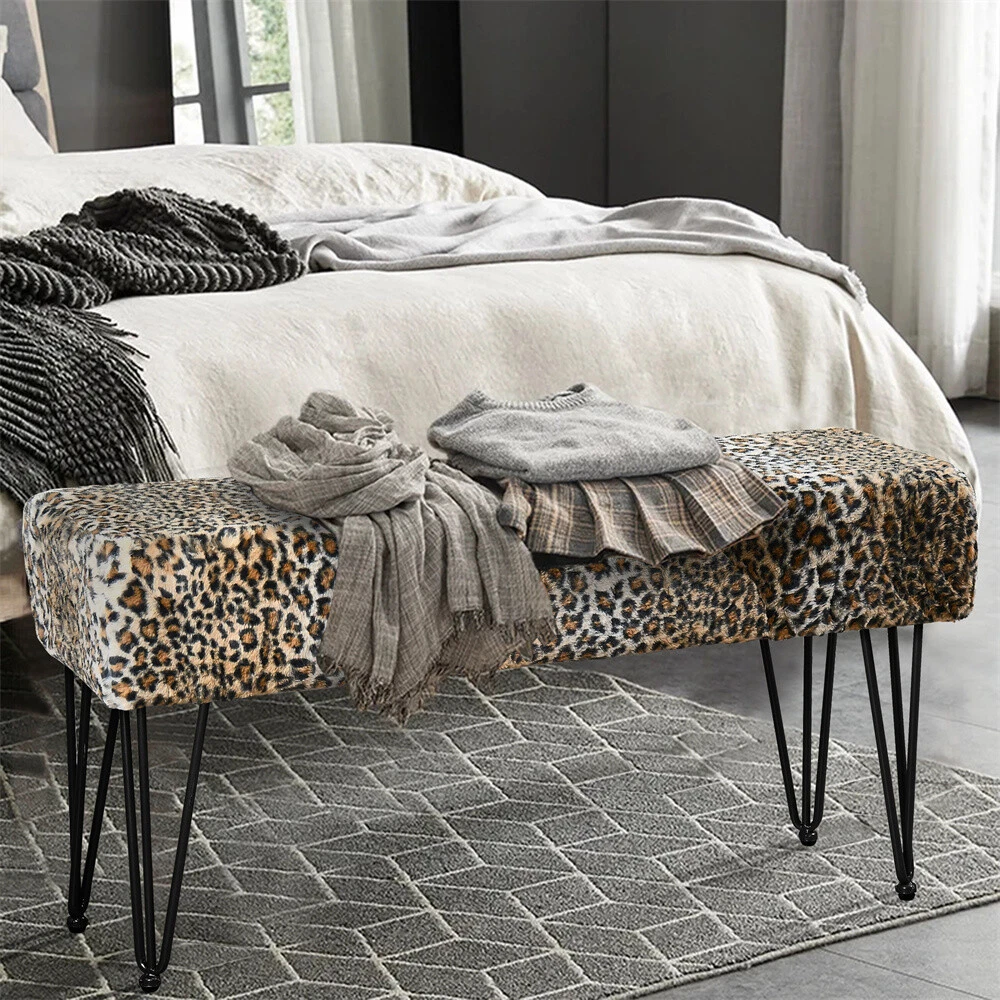 Modern Mink Footstool Vanity Bench Leopard Furry Faux Fur Stool with Black Legs image 20