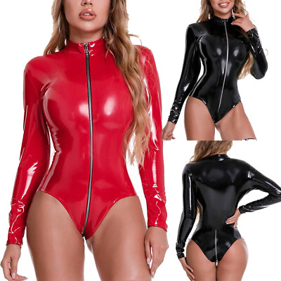 Damen Pvc Leder Langarm Reißverschluss Schritt Bodycon Leotard High Cut Bodysuit