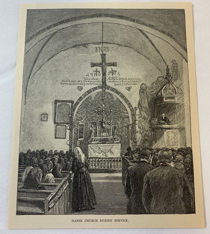 1889 magazine engraving ~ HANSE CHURCH SERVICE Visby,Gotland,Sweden