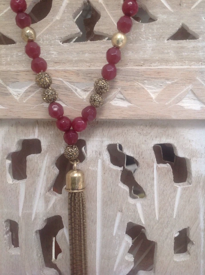Collar Borla Piedras Semipreciosas Marca Lucky Rojo Rubí Cuentas Oro Joyería Foto 2 de 4