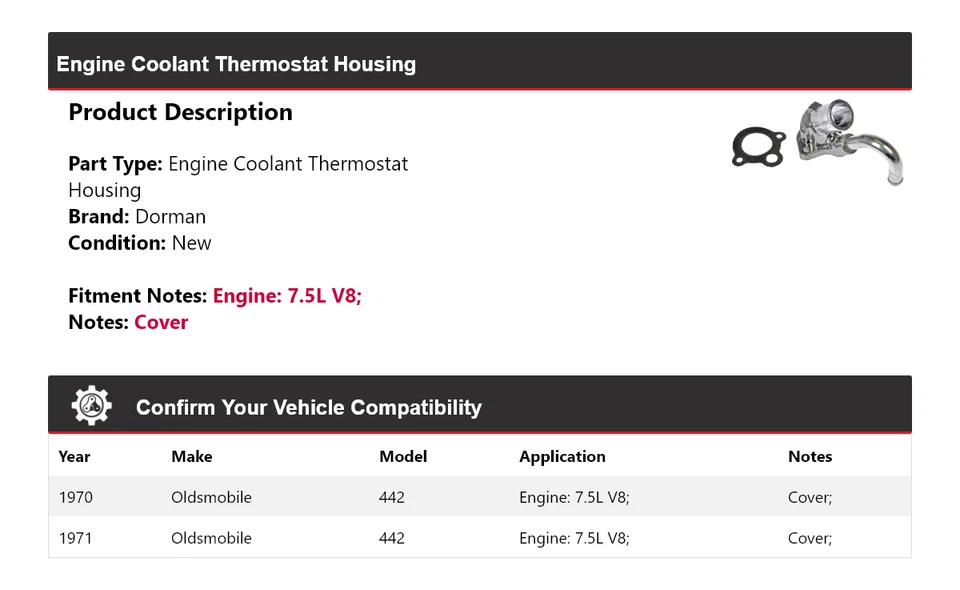 Carcasa termostato refrigerante motor Dorman 7,5 L Oldsmobile 442 1970-1971 Foto 2 de 4