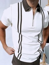 Mens Polo Shirt Zipper Collar Fashion White Brown Striped Short Sleeve Golf Tee