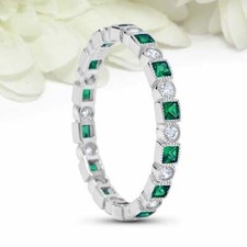 2ct Simulated Emerald Wedding Band Full Eternity Milgrain White Gold Plated