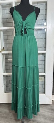 Justify Maxi Dress Women M Green Tie Front Tiered Adjustable Straps Smocked Back