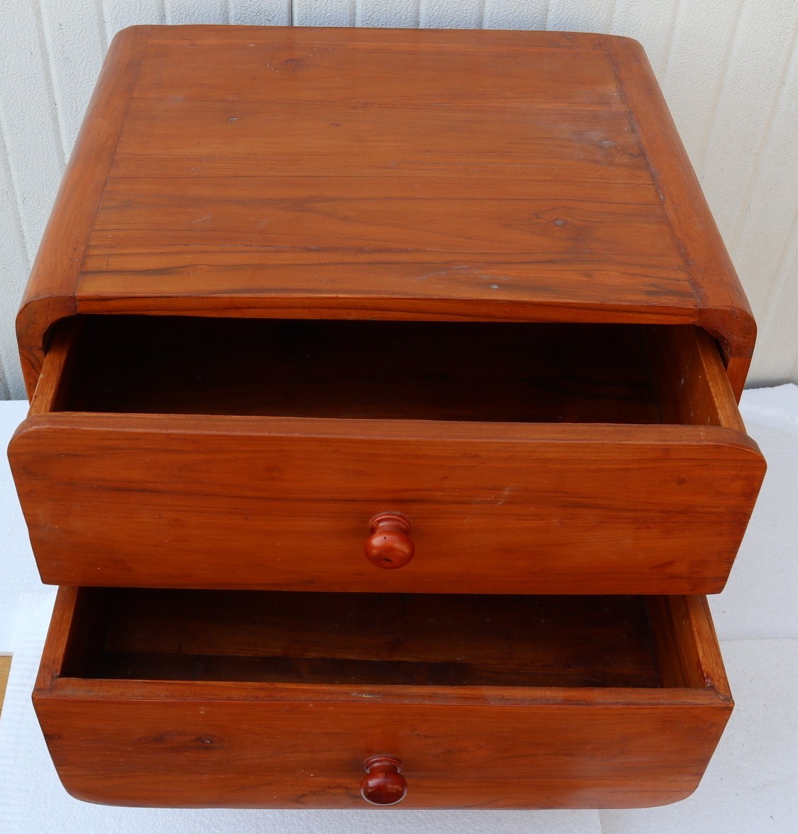 70s Style Solid Teak Bedside Table with V-Legs and 2 Drawers Natural Color