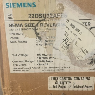 Siemens 22DSD32AE6 NEMA Size 1 Reversing Starter 200/230 460/575 VAC