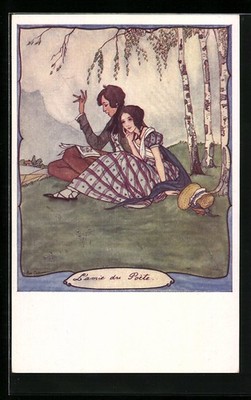 Artist postcard Rie Cramer: L'amie du Poète, poet and his girlfriend on the shore 