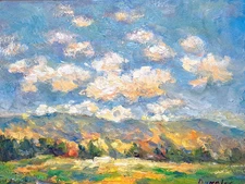 Oil Painting Landscape Fall Colors Mountains Yellow Orange Fields - Donalee