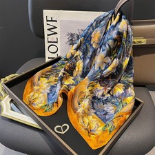 100 Silk 27" Square Scarf Blue And Yellow Oil Painting Floral Women Neckerchief