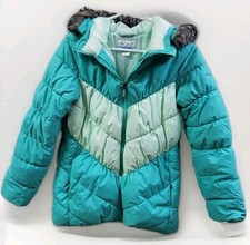 Columbia Girls Teal Puffer Jacket Zip Front Faux Fur On Hood XL 18-20 