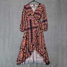 Shein Wrap Dress Womens Large Black Multi-Color Floral Long Sleeve Maxi