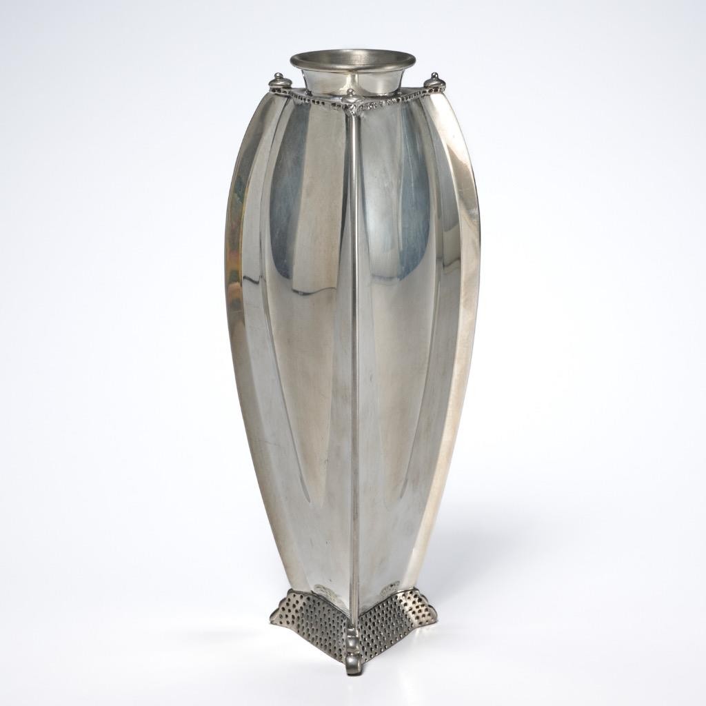 Leon Fontier Pewter Silver Tone Arts and Crafts Deco Flared Fish Form Vase 9.25"