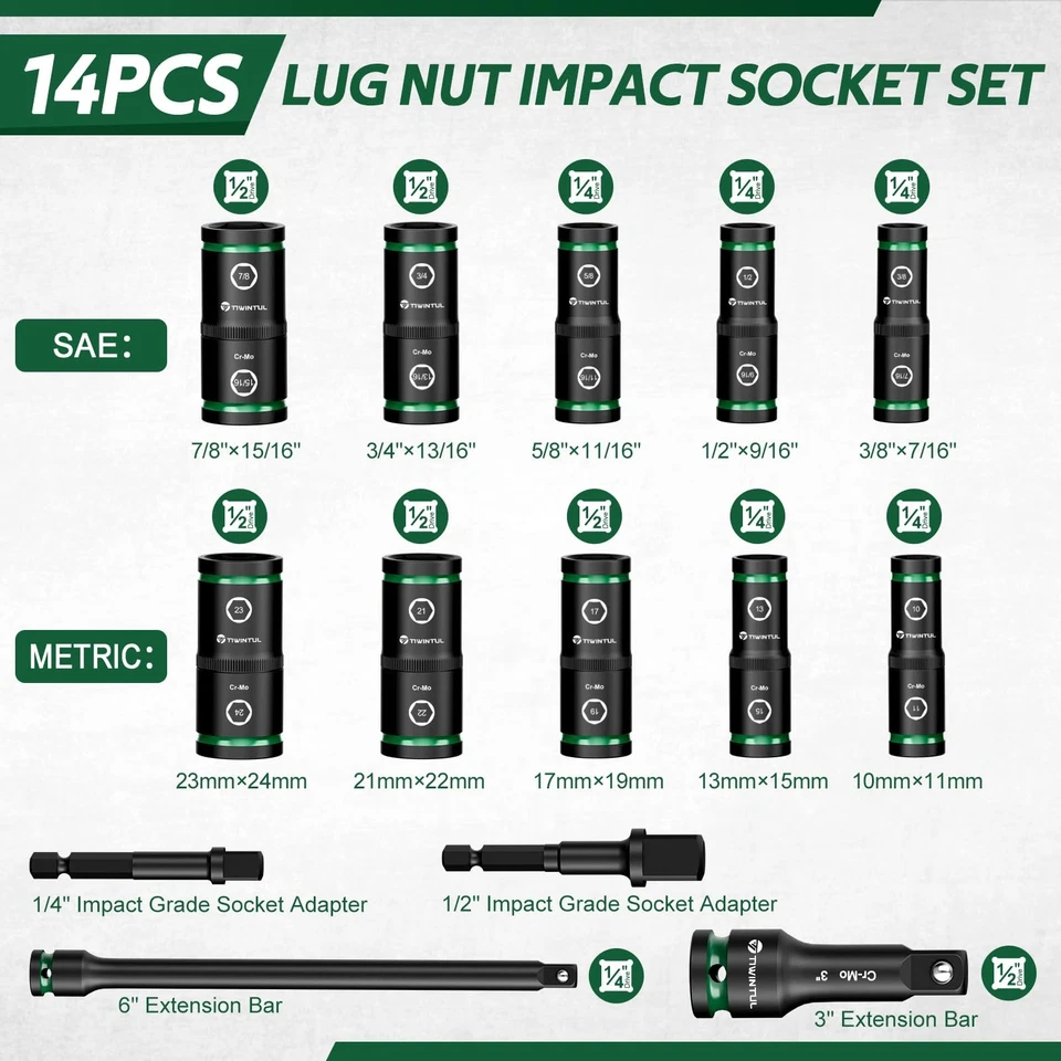Lug Nut Impact Socket Set, 14Pcs 1/2" & 1/4" Metric & SAE Socket Set, CR-MO S... - Image 2 of 4