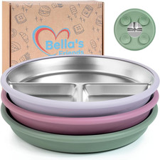 Stainless Steel Baby Plates with Suction 3 Pack, 8 Divided Toddler Plates with
