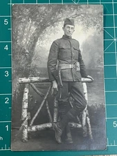 WW1 Doughboy Soldier Studio Photo Sidearm Pistol Belt WWI RPPC