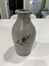 Vintage Rowe Pottery Works 1999 Jug Vase Flask 6.5” Tall Blue Green Flowers Bird