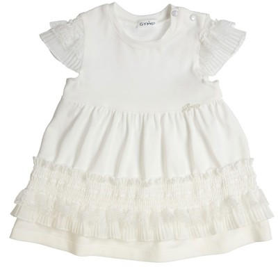 Festliches Jersey Kleid Kurzarm in Off White mit Plissee & Spitzenbesatz v. GYMP