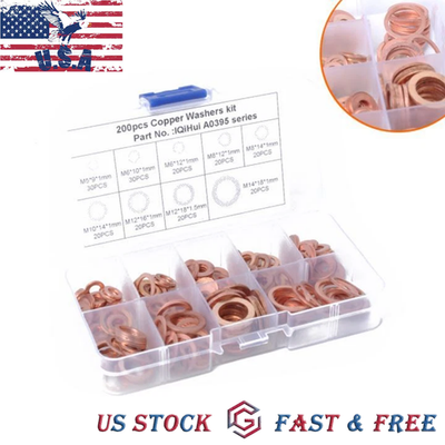 #ad 200* Copper Crush Washer Gasket Set Flat Ring Seal Assortment Kit For M5 M14 Kit $10.79