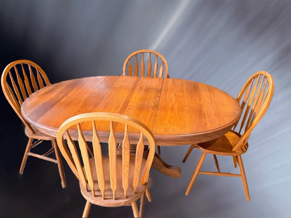 Solid Oak 48" Round Pedestal Dining Table w/ 18" Leaf & 4 Windsor Chairs - Image 3 of 3