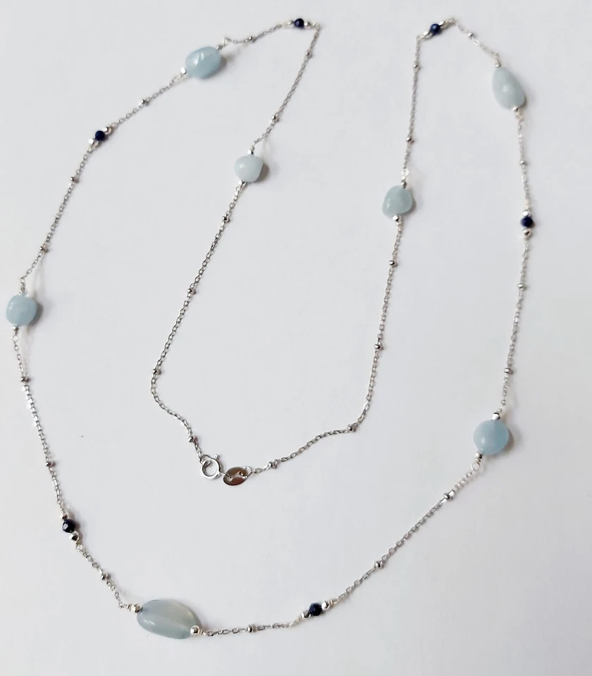 Collana in argento 925 lunga 70 cm con acquamarina, lapislazzuli ematite argenta - Immagine 2 di 4